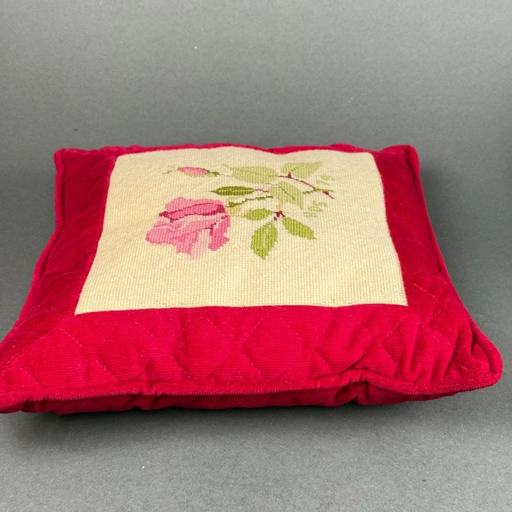 Vintage 1978 Needlepoint Rose Throw Pillow Red Quilted Velvet 12x12